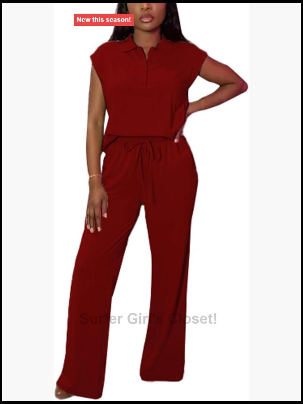 Women's 2 Piece Matching Set Polo Top Wide Leg Pants Lounge Sweatsuit
